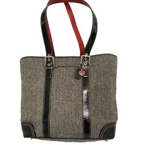 COACH Vintage Wool Tote Herringbone Gray Black Leather Handbag Red Lining